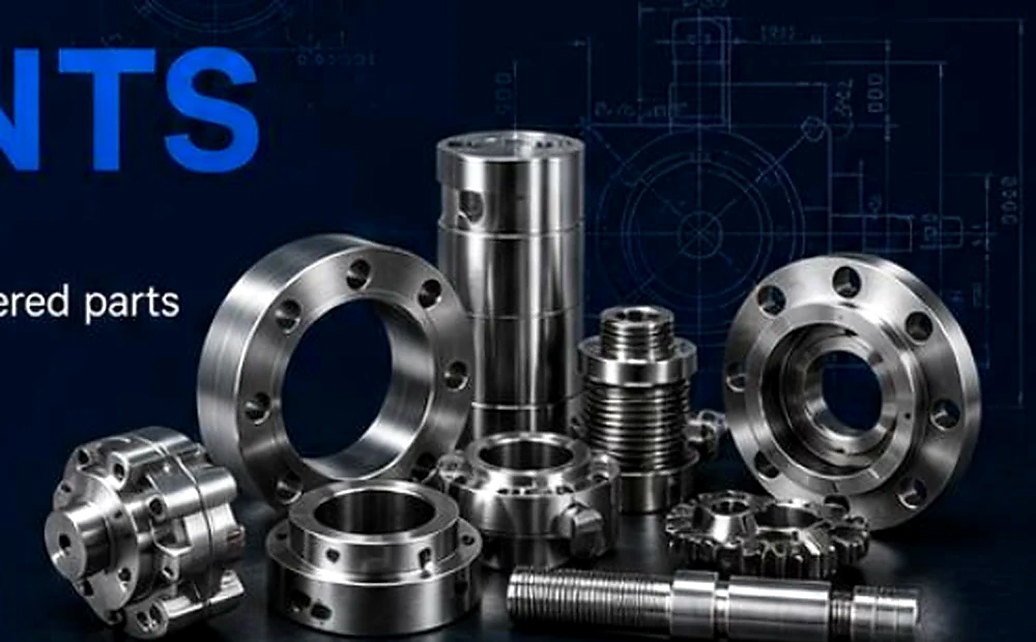Precision-engineered industrial components and technical drawing background